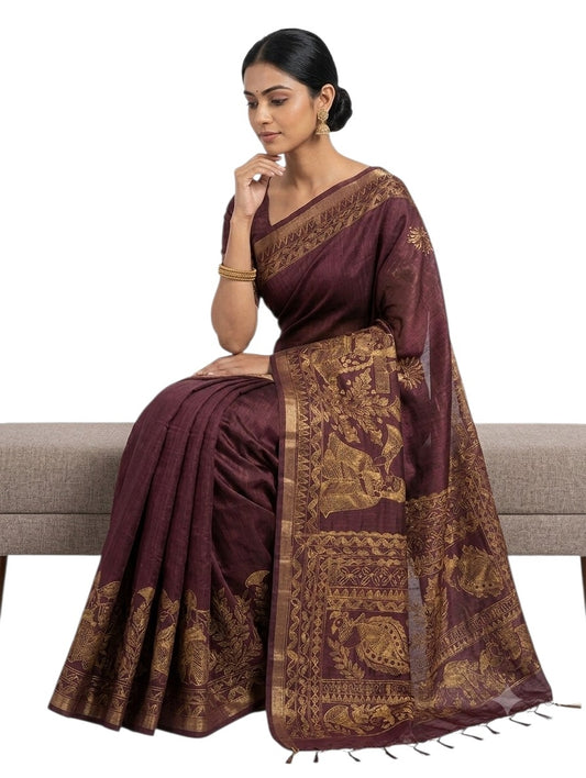 Tushar Silk Madhubani ORIGINAL Hand Painted Saree | Tushar Silk | Pure Silk Saree | Madhubani Hand Painted