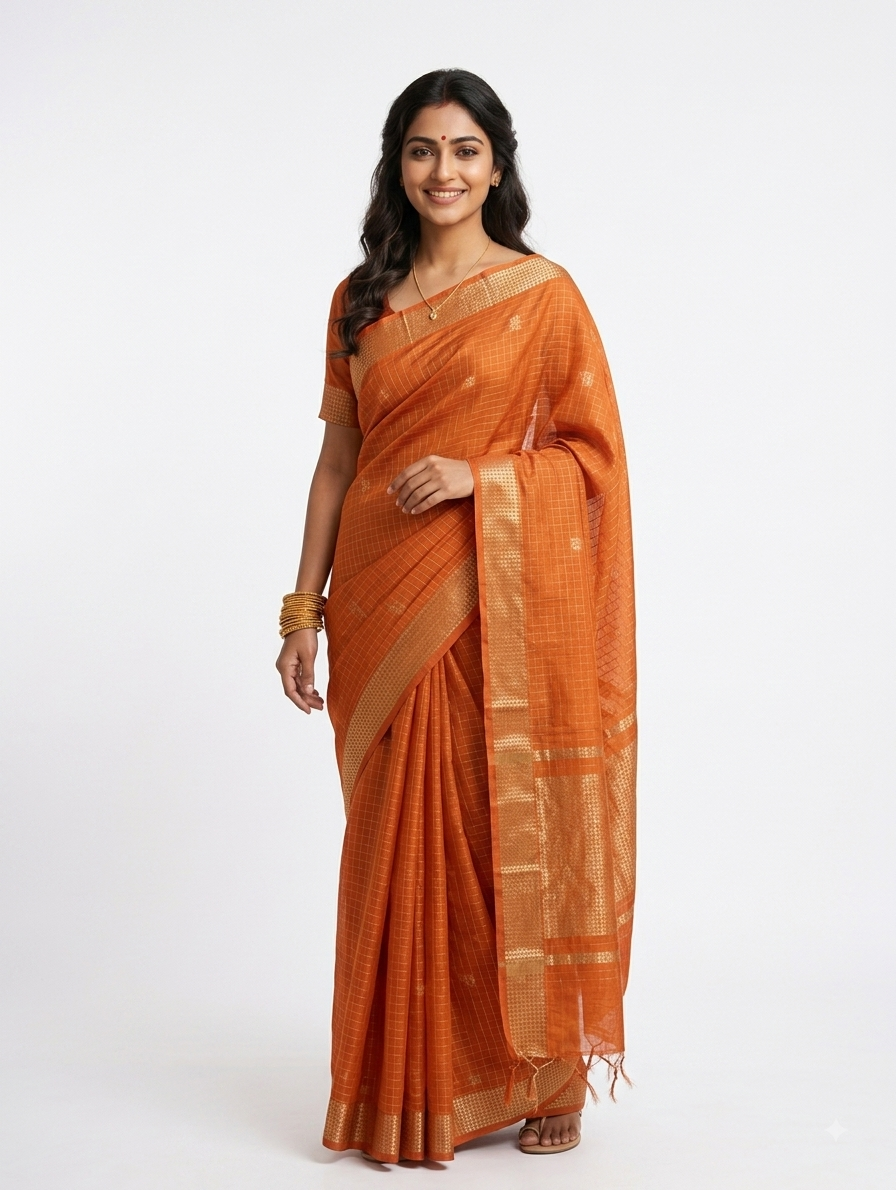 Tussar Eri MangalGiri Check Pure Silk Saree | Bana - Eri | Weave - Tussar | Orange Silk Saree | Festive Wear