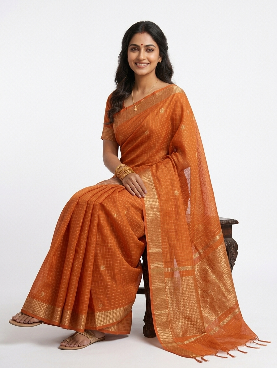 Tussar Eri MangalGiri Check Pure Silk Saree | Bana - Eri | Weave - Tussar | Orange Silk Saree | Festive Wear