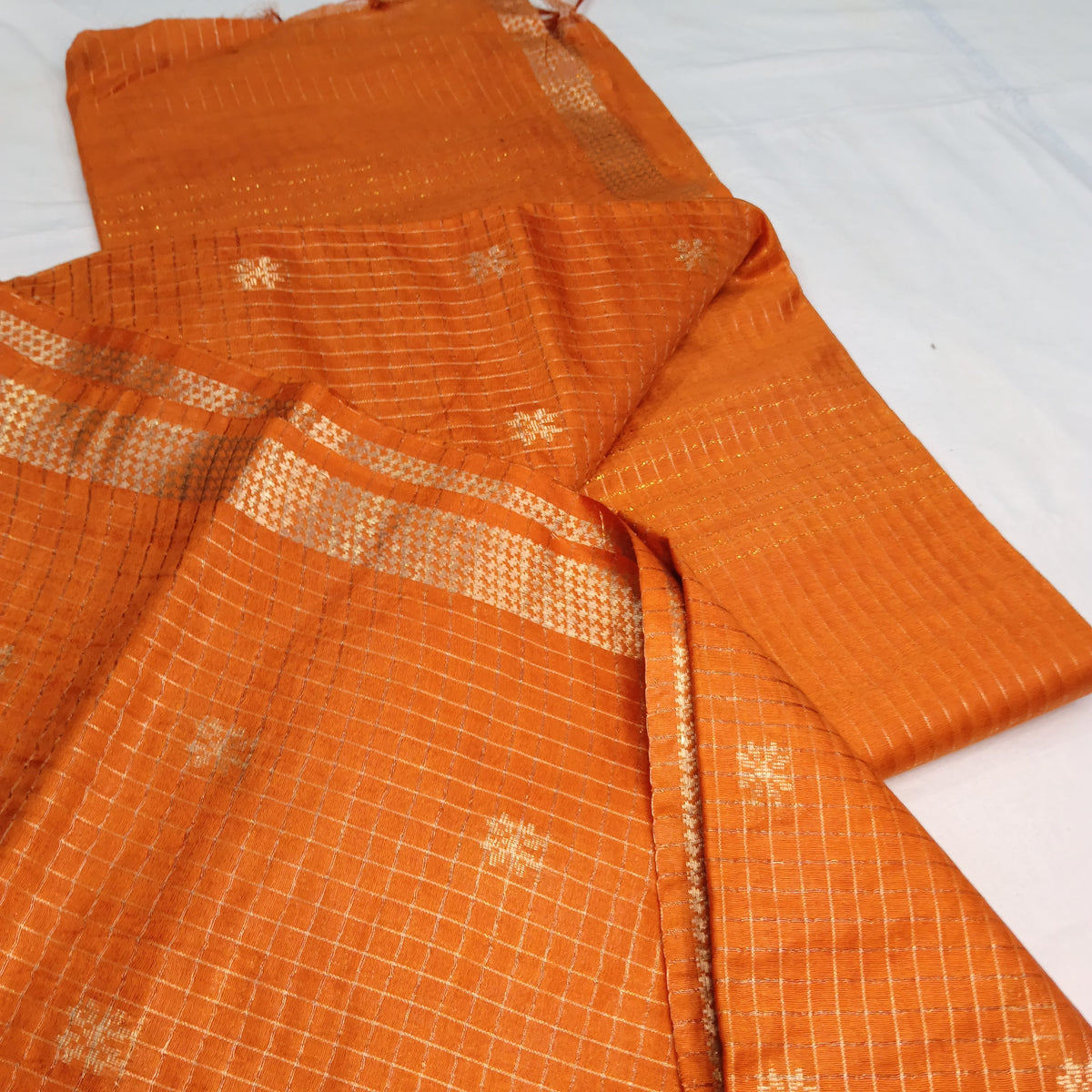 Tussar Eri MangalGiri Check Pure Silk Saree | Bana - Eri | Weave - Tussar | Orange Silk Saree | Festive Wear